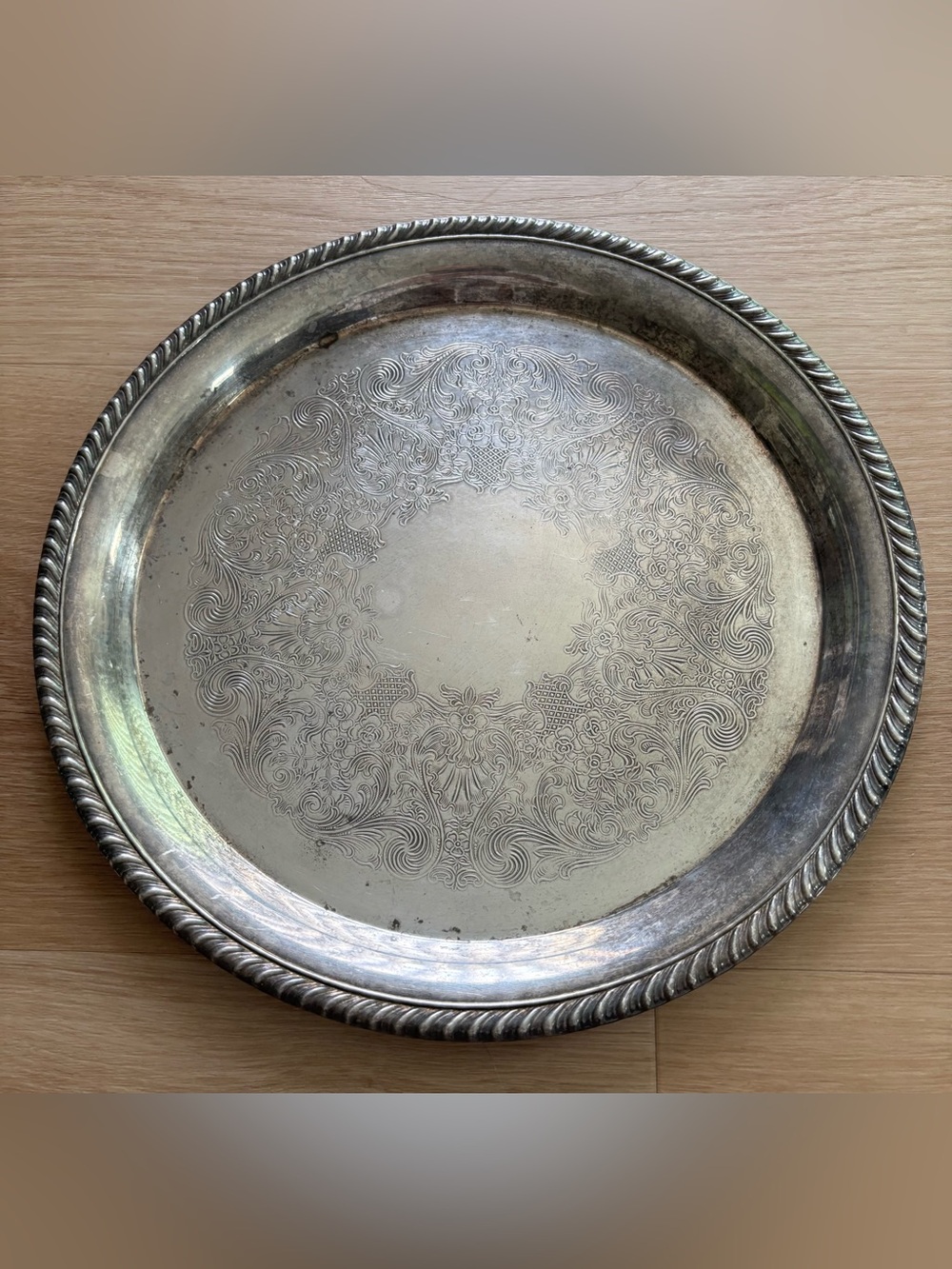 Ornate Silver-Tone Decorative Serving Tray - Elegant Scroll Design